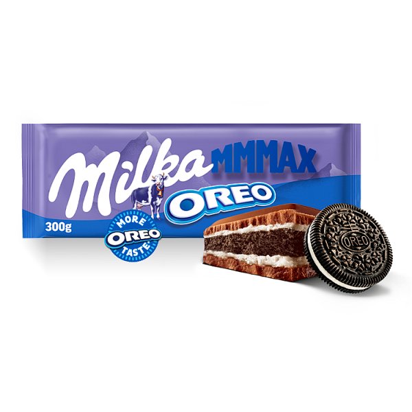 Milka Mmmax Oreo Herbatniki kakaowe i nadzienie mleczne o smaku waniliowym 300 g
