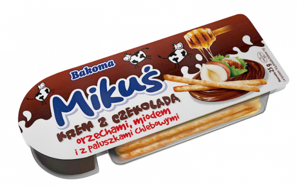Krem do smarowania Mikuś z czekoladą orzechami miodem i paluszkami