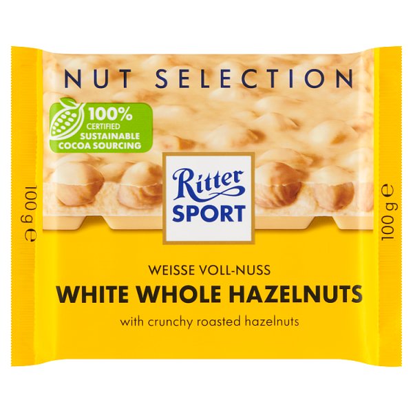 Ritter Sport Biała czekolada z całymi prażonymi orzechami laskowymi i chrupkami ryżowymi 100 g